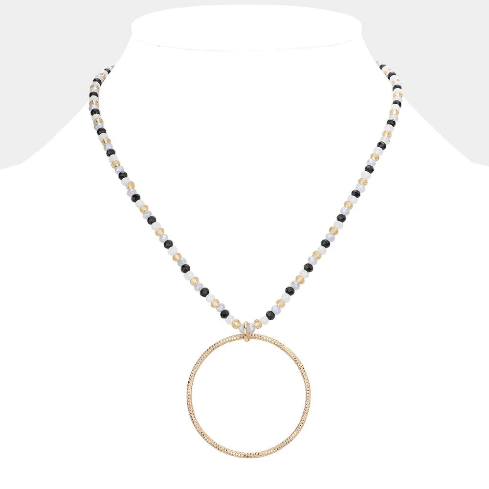 FASHNZFAB Open Metal Circle Pendant Faceted Beaded Necklace