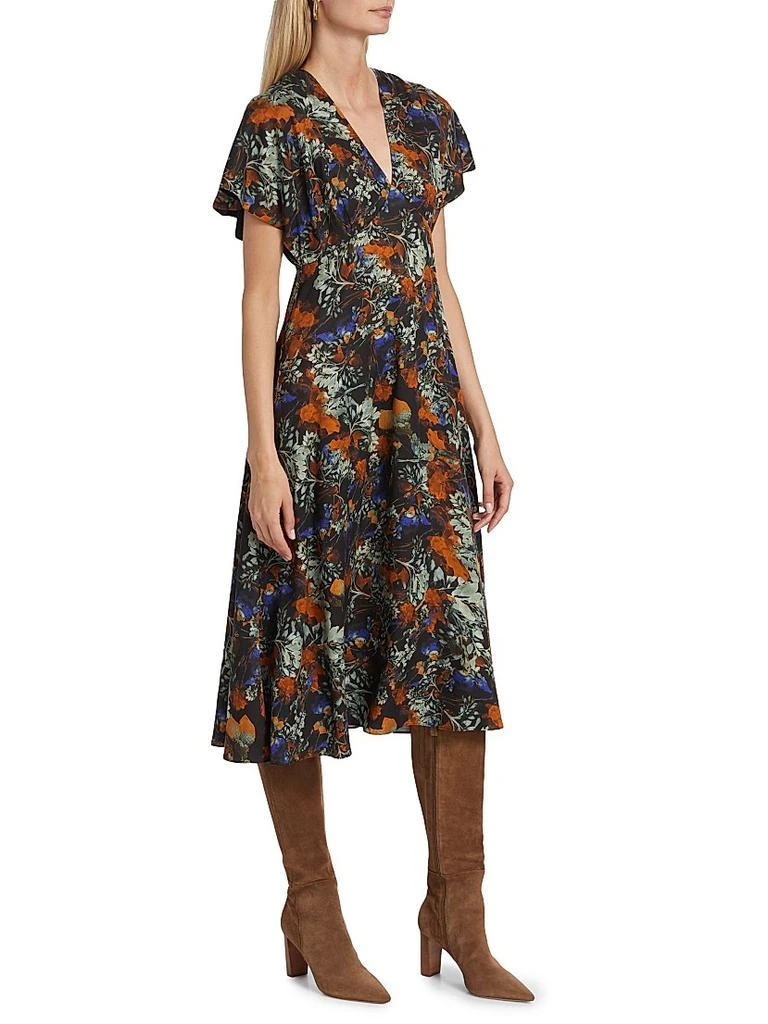 green long sleeve dress midi Abstract Floral Print Long Sleeve Midi Dress In Green