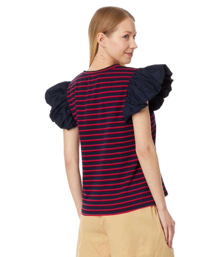 English Factory Stripe Knit with Poplin Puff Sleeve Top