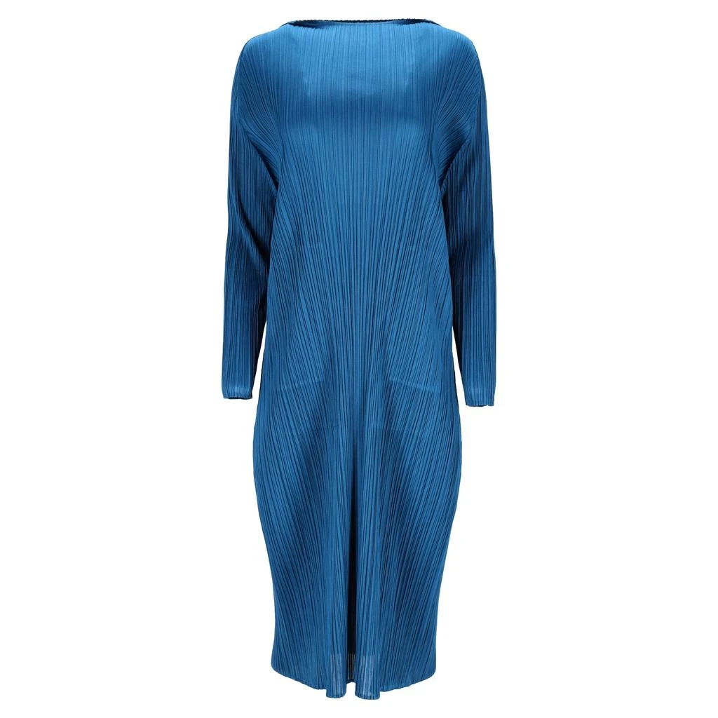 Pleats Please Issey Miyake Pleated Midi Boat Neck Dress in Blue Polyester 1
