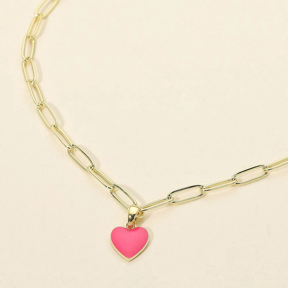FASHNZFAB Stainless Steel Enamel Heart Pendant Paperclip Chain Necklace