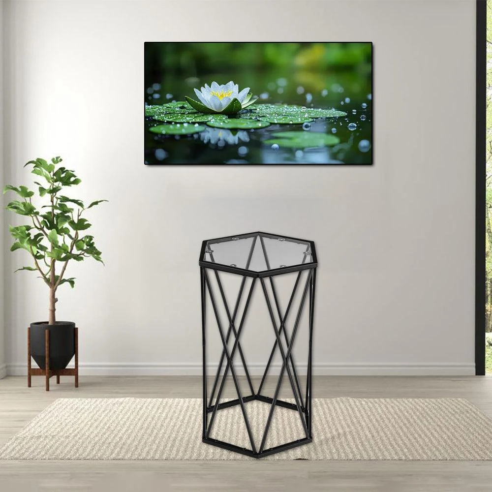 Hivvago Stylish Metal Frame End Table with Tempered Glass Hexagonal Top