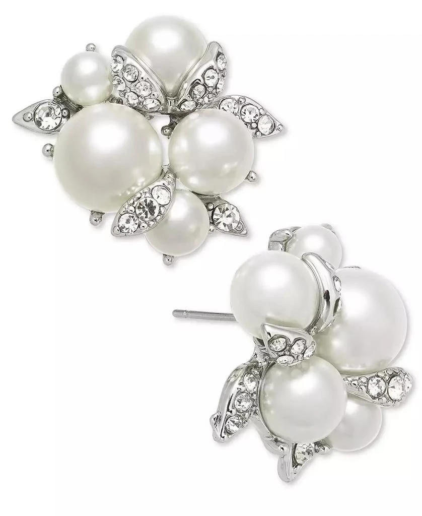 Charter Club Silver-Tone Pavé & Imitation Pearl Cluster Button Earrings, Created for Macy's 1