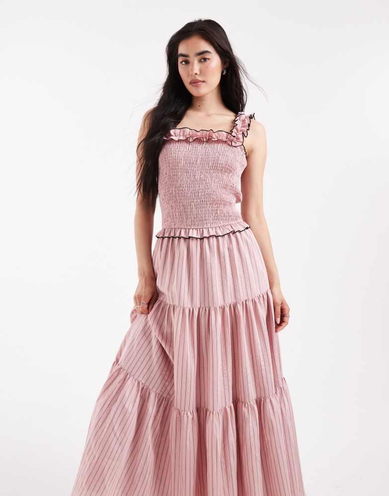 Daisy Street Daisy Street shirrred bodice and ruffle strap maxi dress in pink stripe