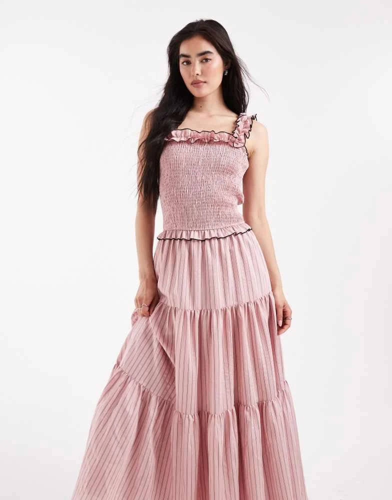 Daisy Street Daisy Street shirrred bodice and ruffle strap maxi dress in pink stripe 2
