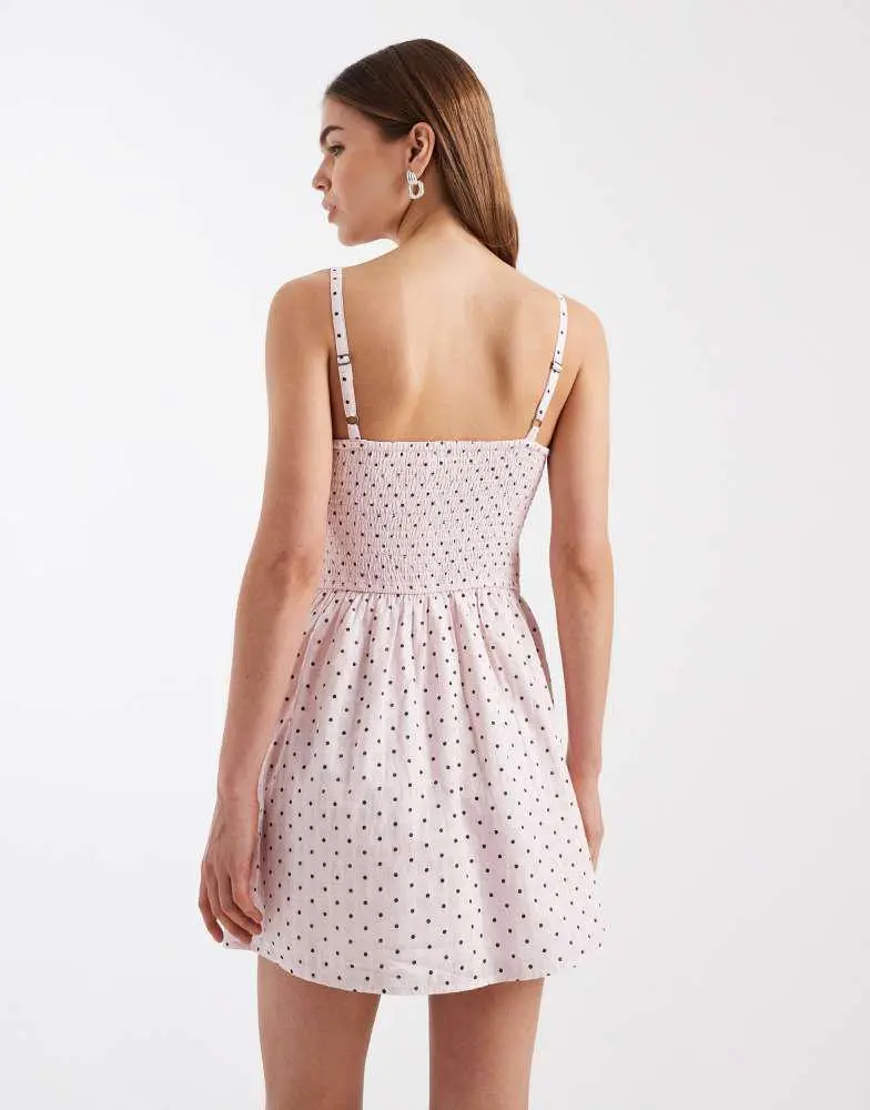 HOLLISTER Hollister strappy button front mini dress in pink polka dot 4