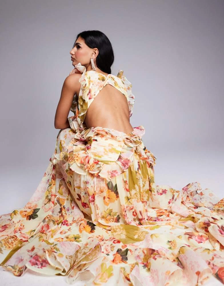 ASOS LUXE ASOS LUXE plunge maxi dress with ruched chiffon detail & open back in patchwork floral 2