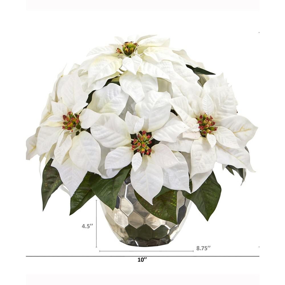 Nearly Natural 14in. Poinsettia Artificial Arrangement in Designer Silver Bowl