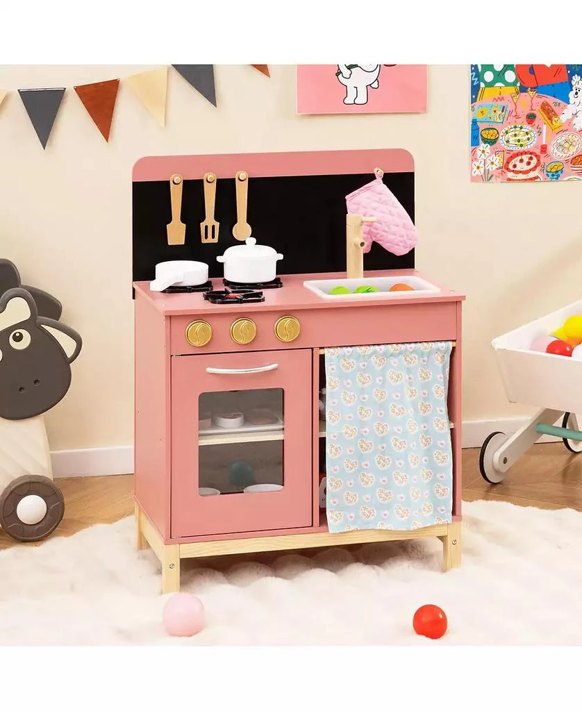 HONGGE Wooden Play Kitchen for Kids with Door Curtain and Cooking Accessories - Pink 7