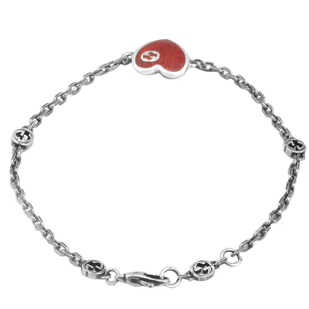 Gucci Gucci Heart Aged Finish Sterling Silver And Red Enamel Bracelet, Size 17 3