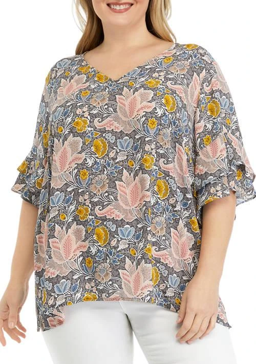 Premise Plus Size Elbow V Neck Woven Blouse With Ruffle Sleeve Detail 1