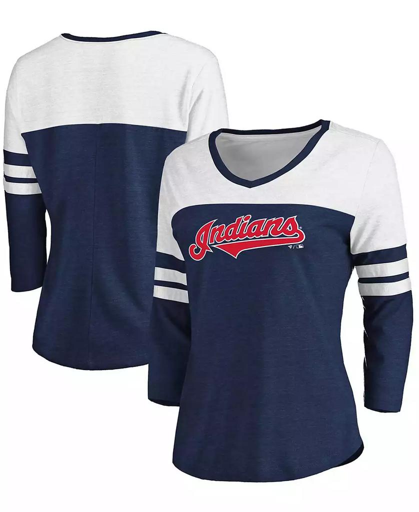 Fanatics Women's Heathered Navy, White Cleveland Indians Official Wordmark 3/4 Sleeve V-Neck Tri-Blend T-shirt
