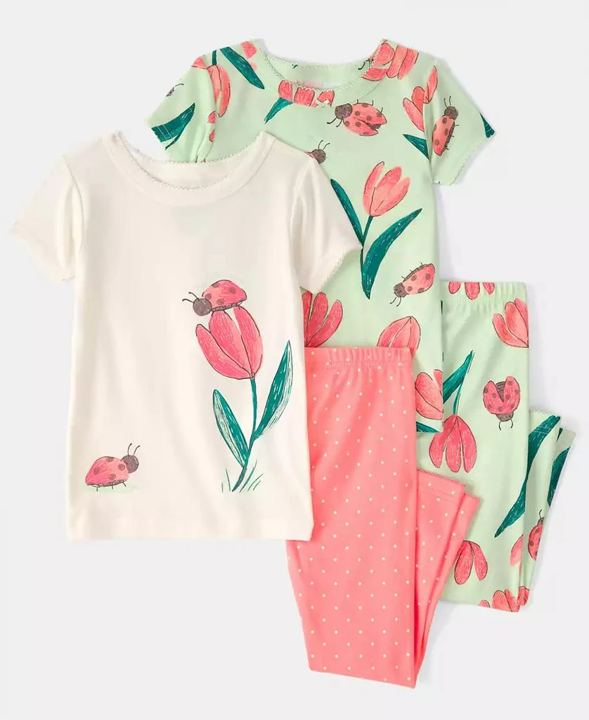 Carter's Girls' Toddler 2T-5T Ladybug Floral Top and Pajama Pants, 4-Piece Set