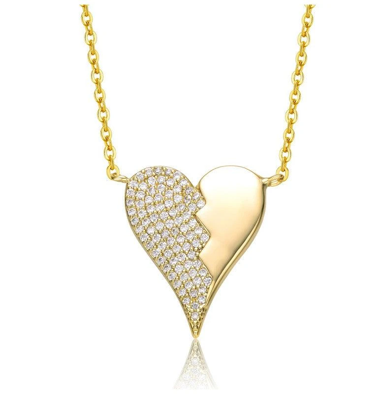 Rachel Glauber 14k Yellow Gold Plated with Cubic Zirconia Broken Cracked Zig-Zag Half & Half Stolen Heart Pendant Necklace 1