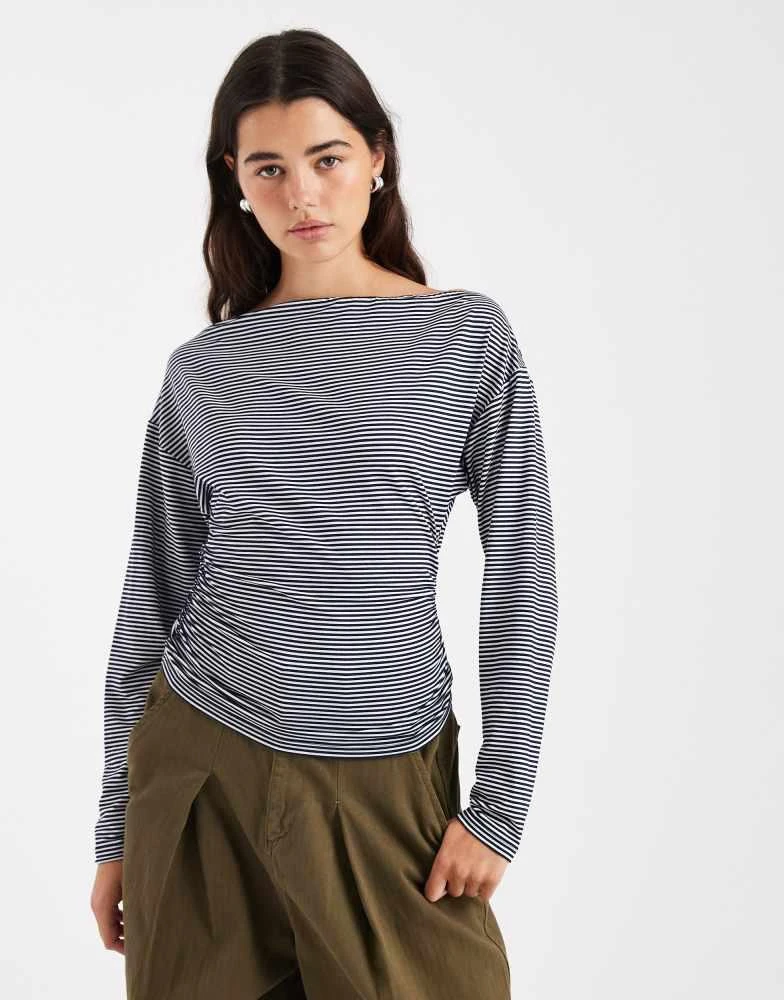 ASOS ASOS DESIGN stripe cinched asymmetric long sleeve top in mono stripe