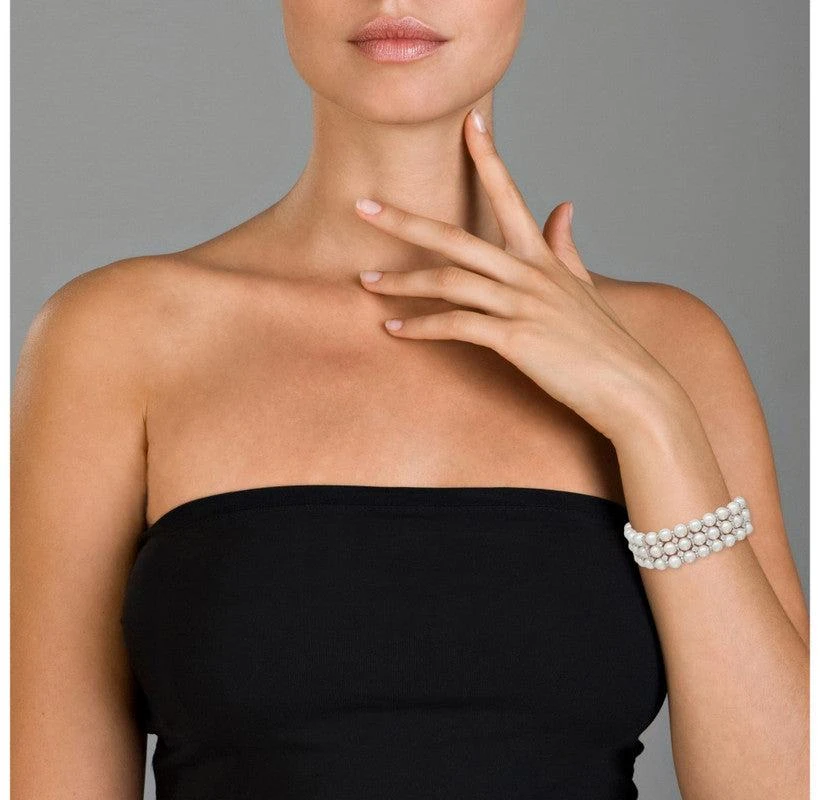 Genevive Sterling Silver White Gold Plated with Clear Cubic Zirconia 3 Row Pearl Bracelet 4