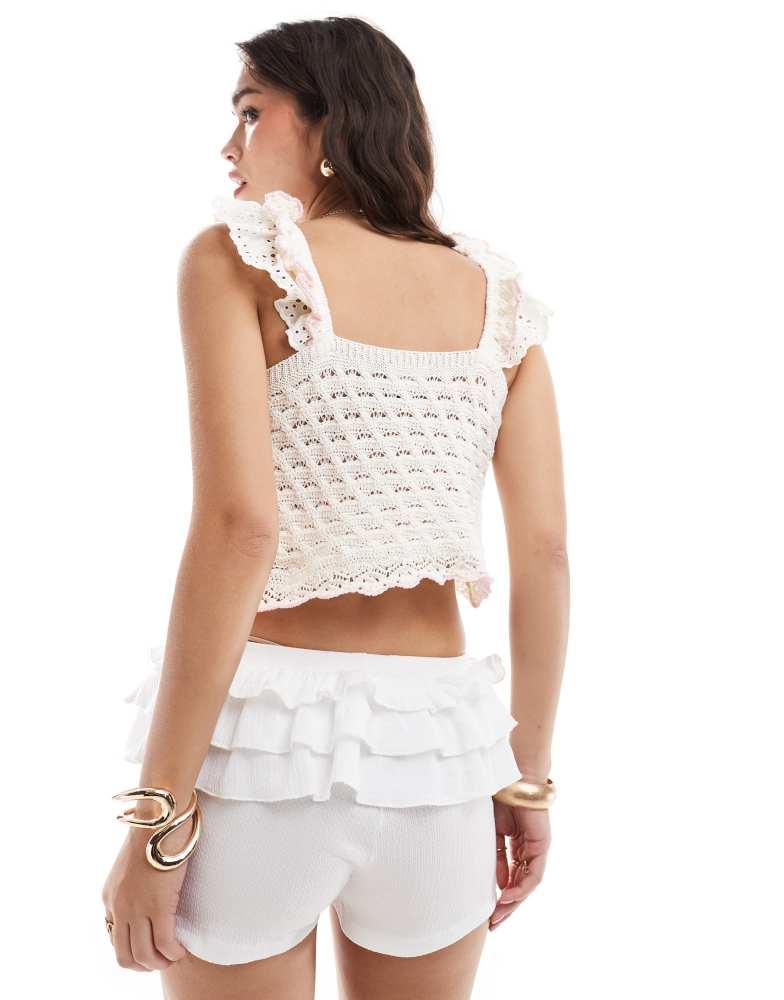 ASOS ASOS DESIGN knitted top with broderie trim in cream