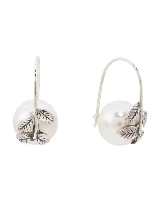 ANNIKA WITT Made In Bali Sterling Silver Shell Pearl Leaf Fixed Earrings