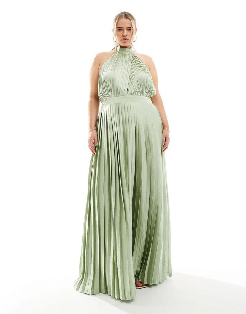 TFNC Plus TFNC Plus Bridesmaid satin pleated halter neck maxi dress with full skirt in sage 1