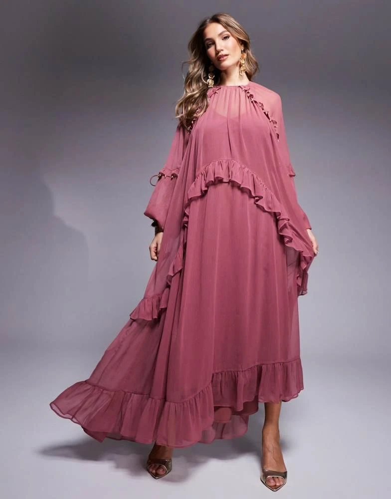 ASOS Design beaded ruffle maxi dress with tassels in berry pink ASOS Design beaded ruffle maxi dress with tassels in berry pink