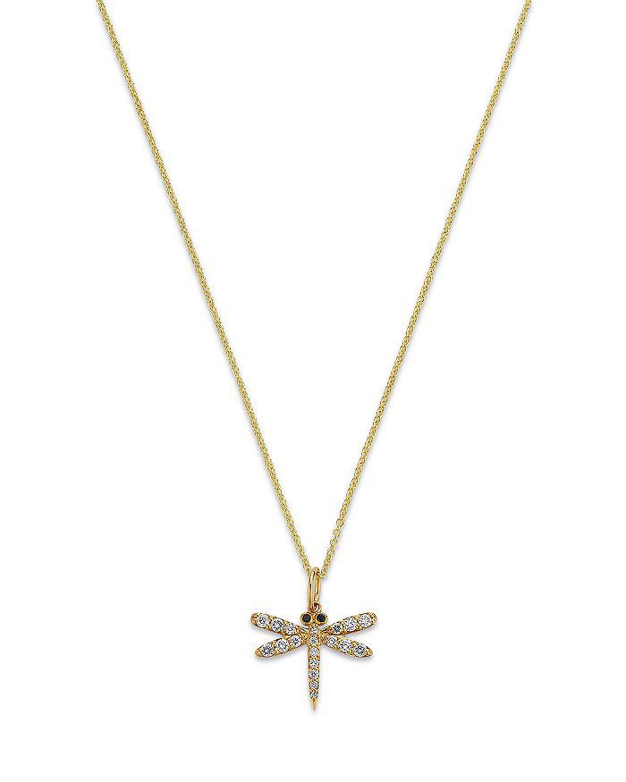 Sydney Evan 14K Yellow Gold Black & White Diamond Dragonfly Pendant Necklace, 18"