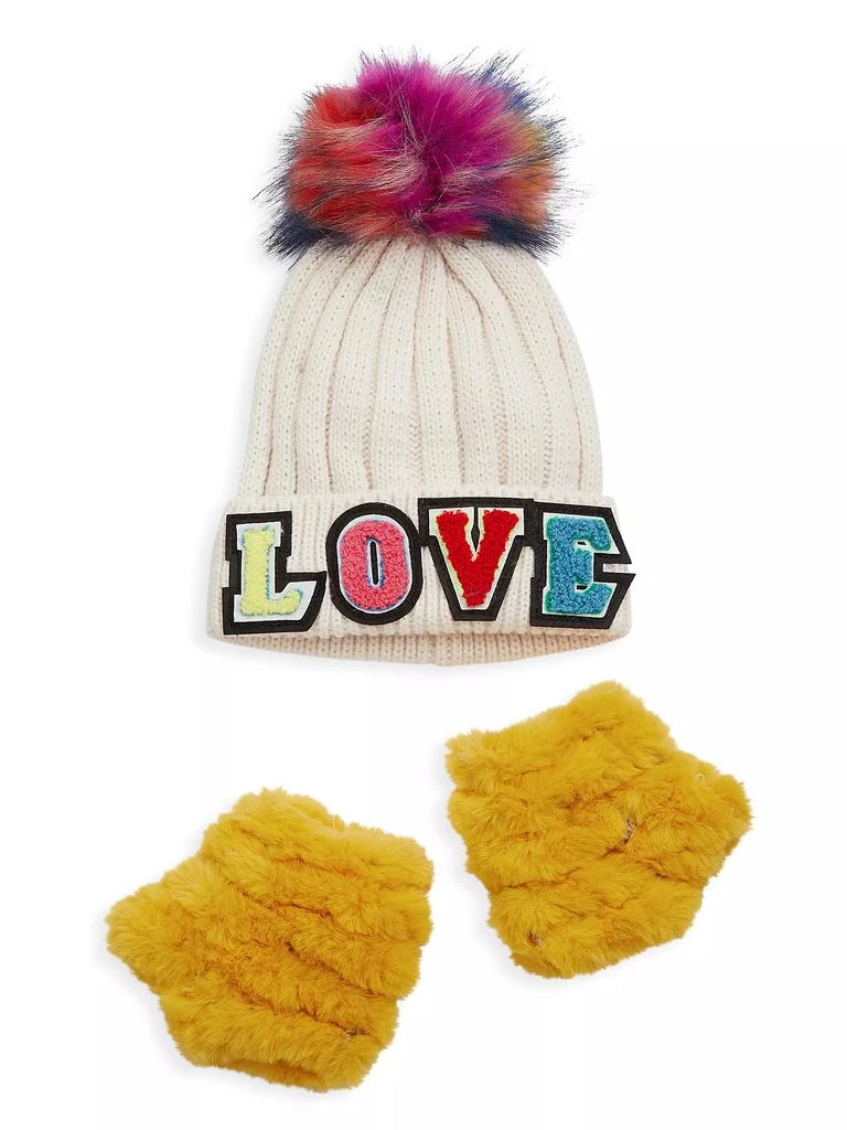 Jocelyn Girl's 2-Piece Pom-Pom Beanie &amp; Fingerless Faux Fur Mittens Set 1