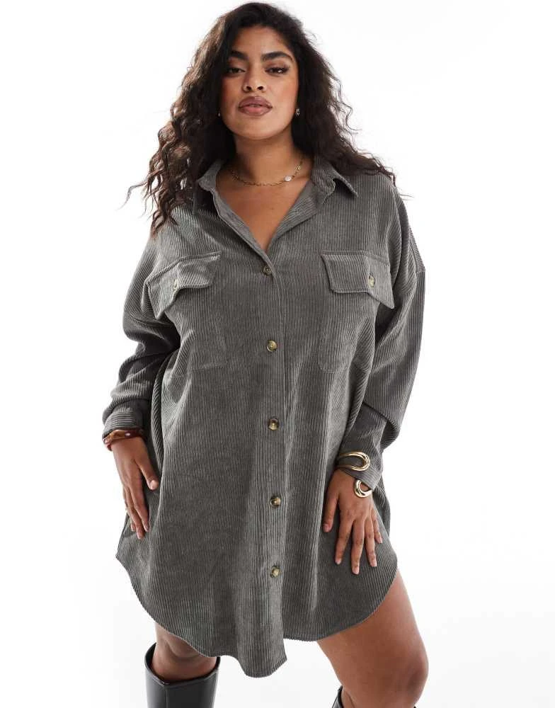 ASOS ASOS DESIGN curve cord oversized shirt dress with drop pocket in charcoal 1
