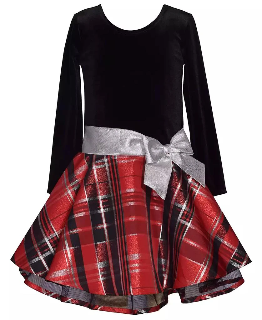Bonnie Jean Little Girls Long Sleeved Stretch Velvet Top to Plaid Hipster with Exposed Crinoline and Side bow 1