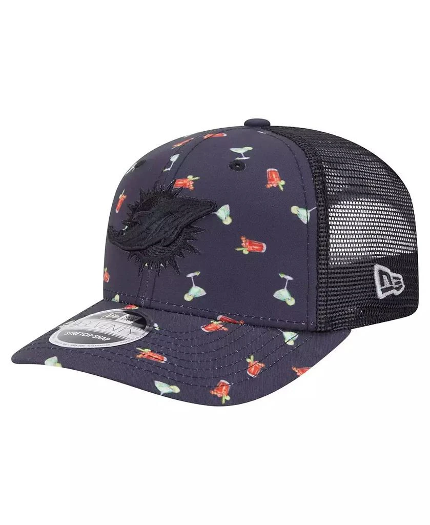 New Era Men's Navy/Black Miami Dolphins Adventure Drinks Pattern 9SEVENTY Stretch Snap Hat 1