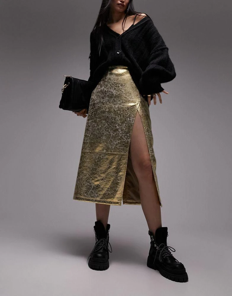 Topshop Topshop leather look split seam midi skirt in gold 3