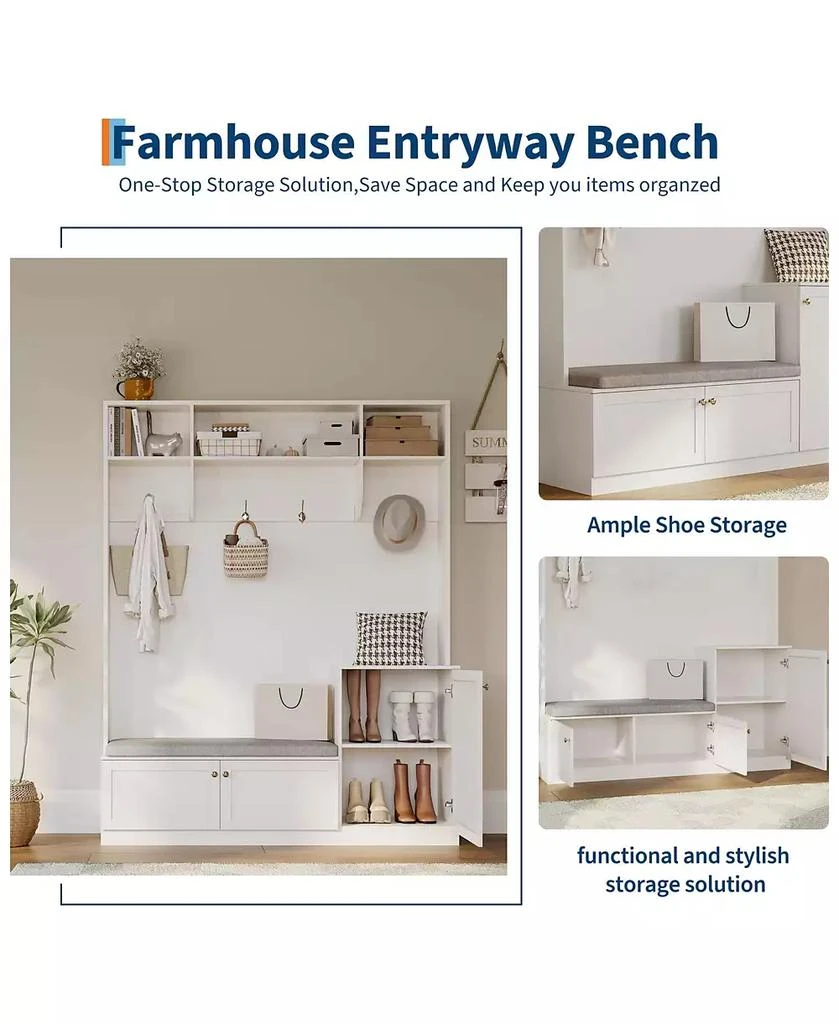 gaomon Hall Tree with Bench and Shoe Storage, 3-in-1 Farmhouse Entryway Bench with Coat Rack, 4 Hooks, 4 Shoe Cubbies 
3 Open Compartments 3