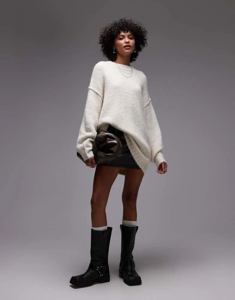 Topshop Topshop knitted fluffy crew longline jumper in ivory 3