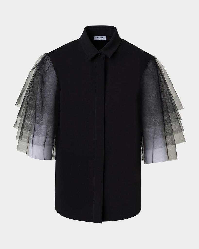 Akris Layered Tulle-Sleeve Button-Down Blouse