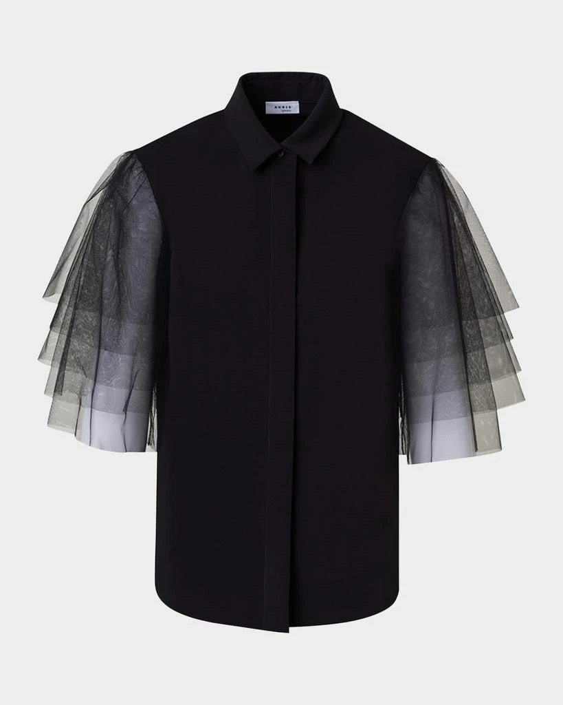 Akris Layered Tulle-Sleeve Button-Down Blouse 1