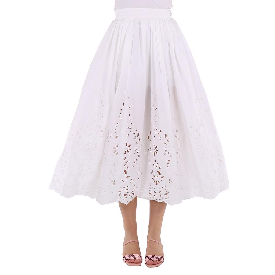 Chloé Ladies White Broderie Anglaise Flared Embroidered Midi Skirt
