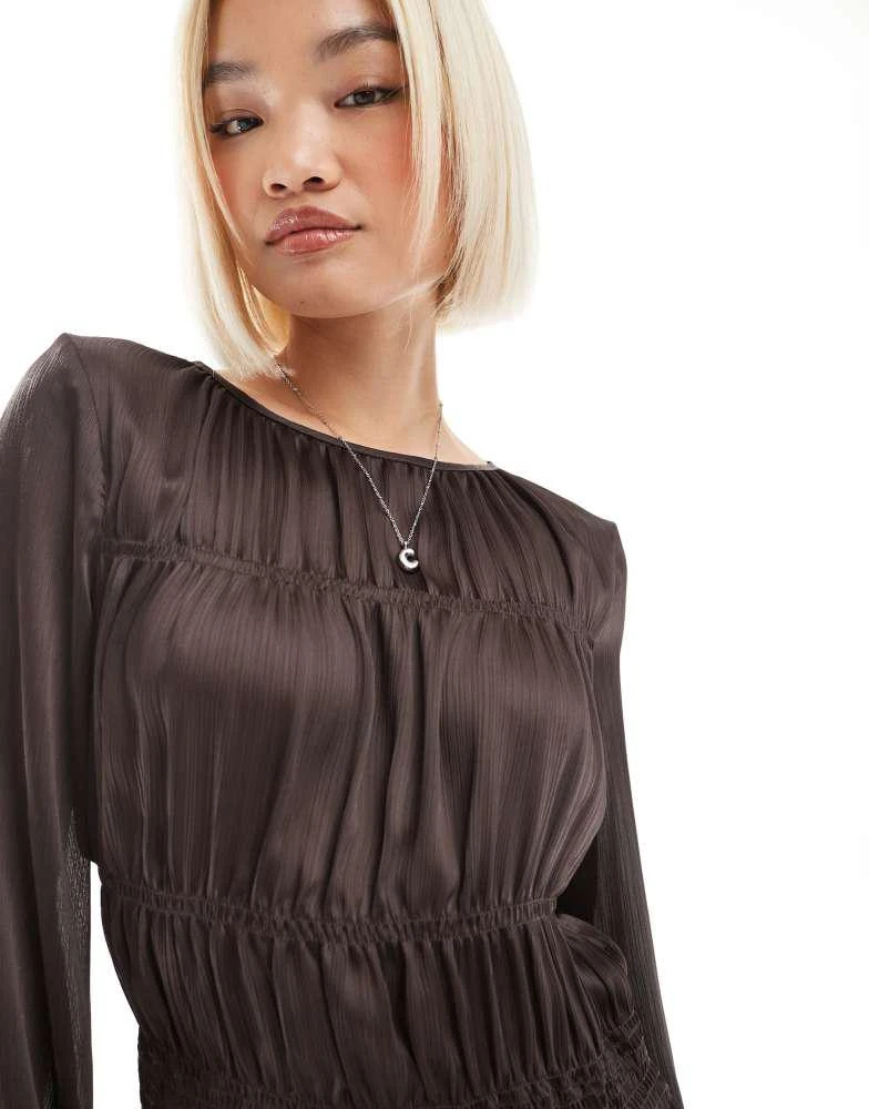 ASOS ASOS DESIGN shirred semi sheer blouse in chocolate 4