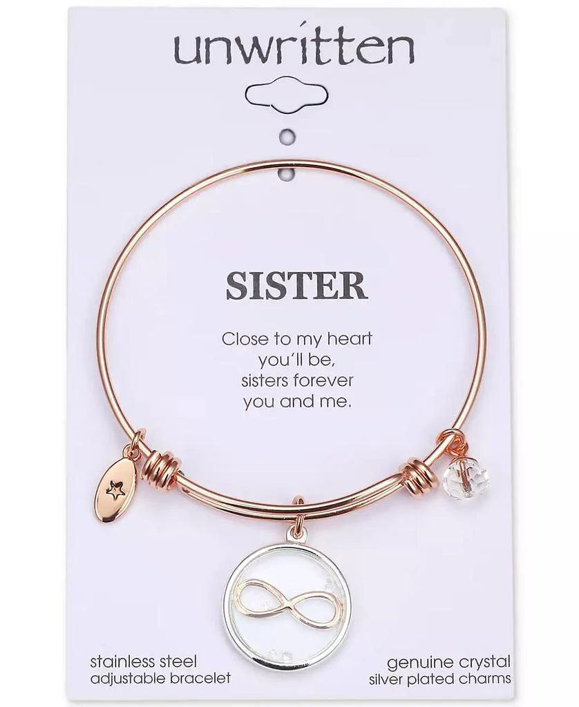 Unwritten Infinity Glass Shaker Charm Adjustable Bangle Bracelet in Rose Gold-Tone Stainless Steel with Silver Plated Charms 2