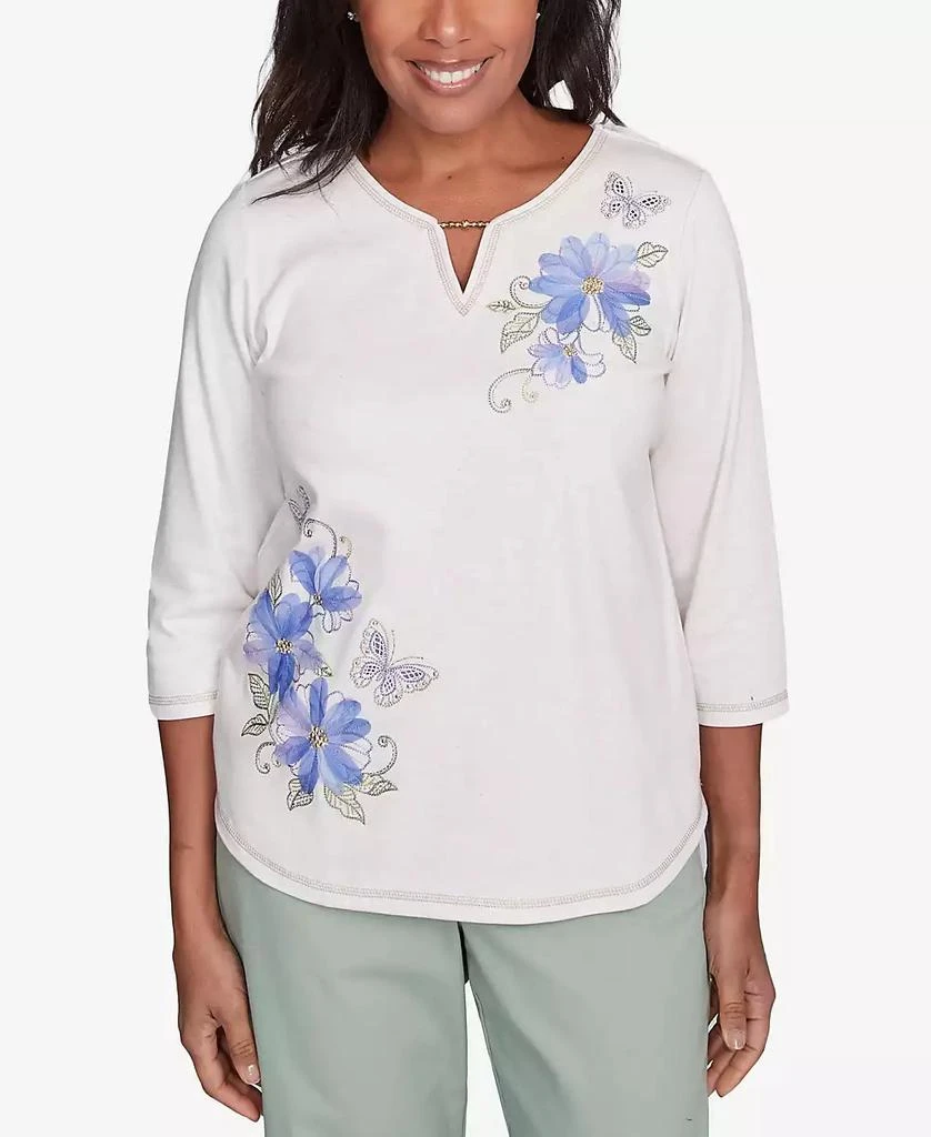 Alfred Dunner Petite Santa Fe Asymmetric Butterfly Floral Embroidered Top 1