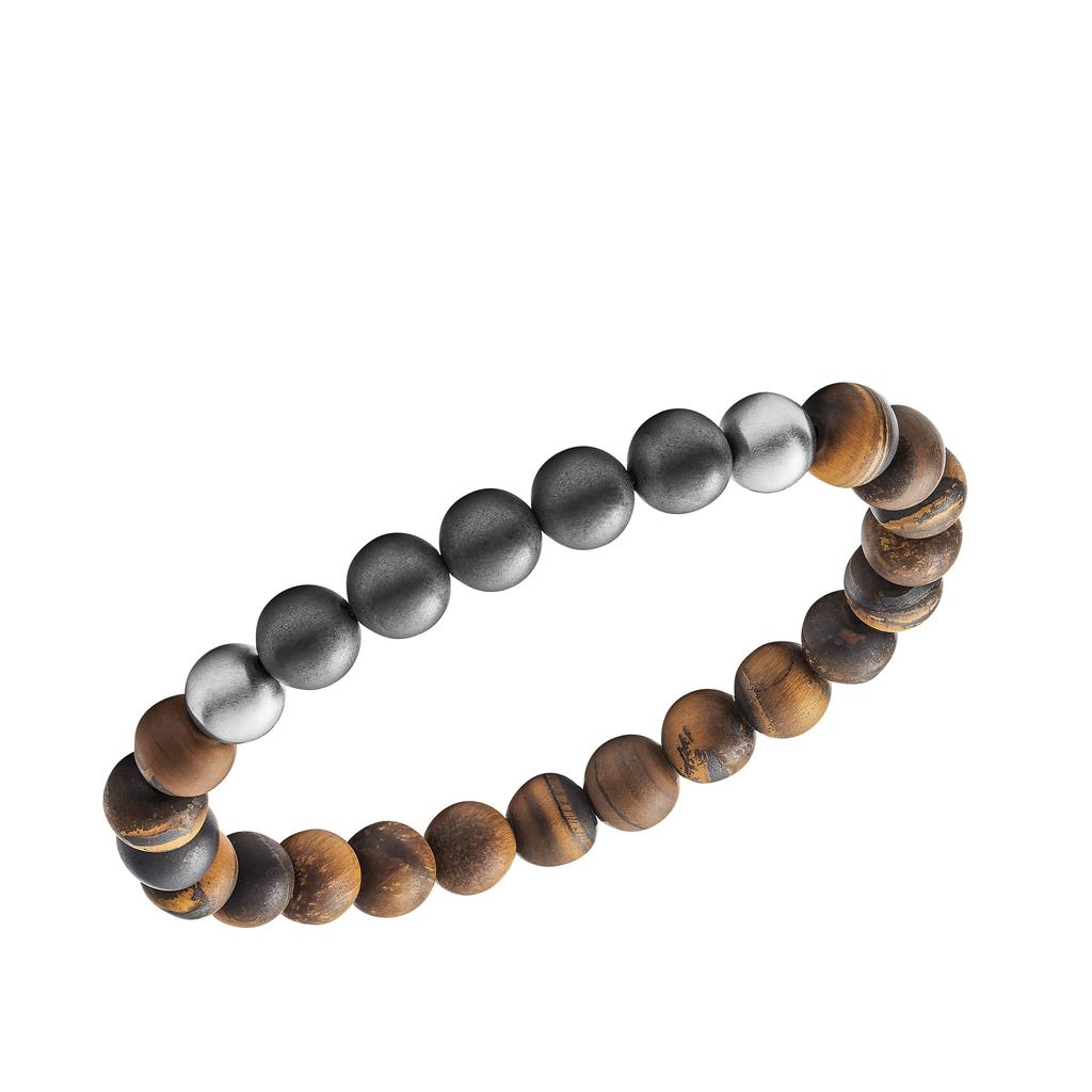 Fossil Tiger's Eye, Hematite and Steel Bracelet