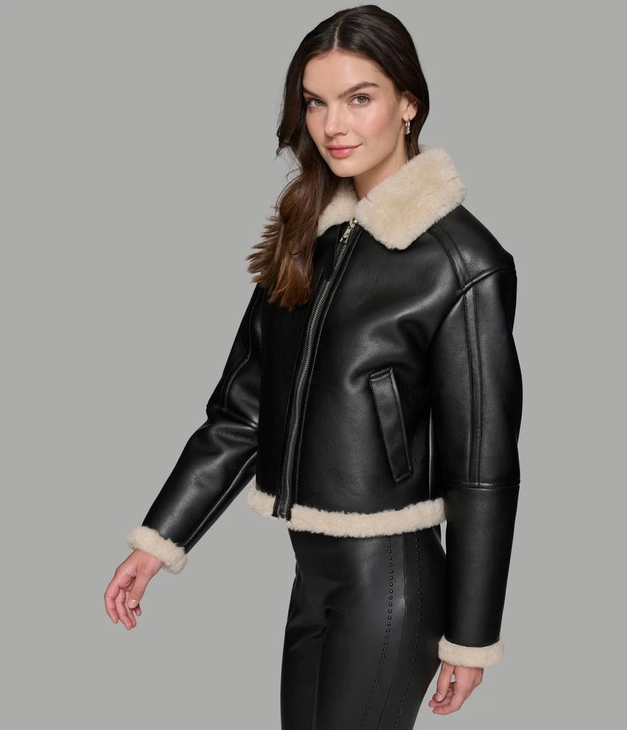 Karl Lagerfeld Paris CROPPED FAUX LEATHER JACKET WITH FAUX SHEARLING 4