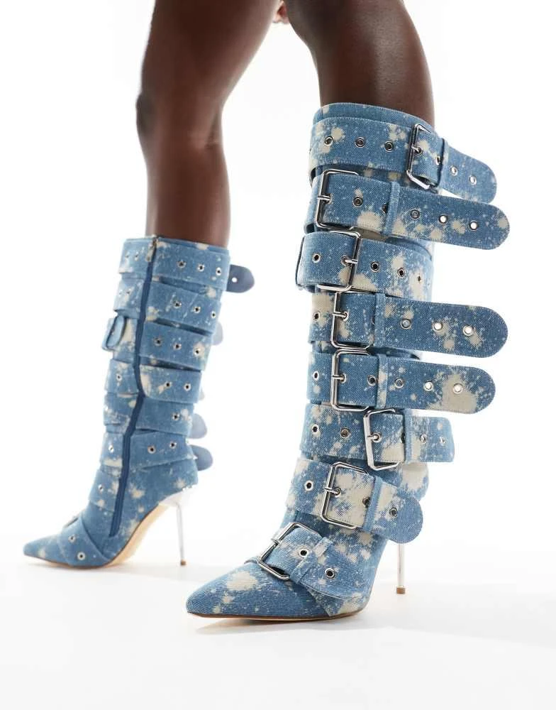AZALEA WANG Azalea Wang Sedna buckle knee boots in denim 1