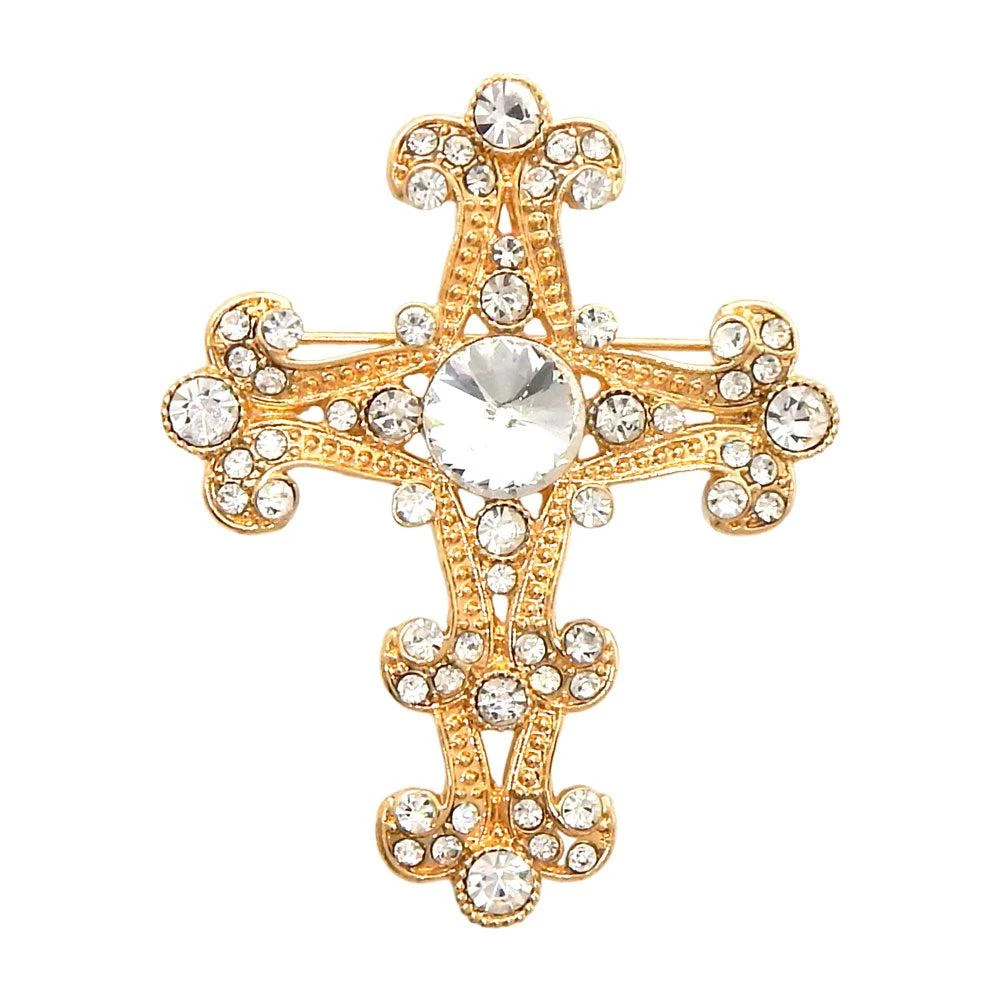 FASHNZFAB Stone Embellished Gothic Cross Pin Brooch 4