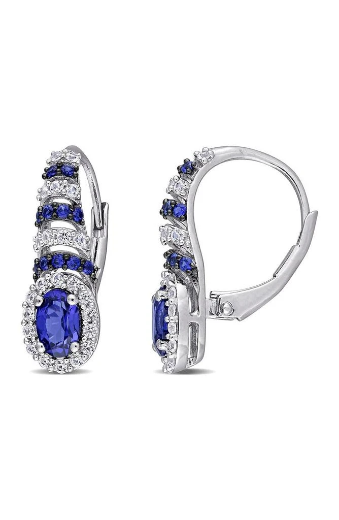 DELMAR Sterling Silver Lab Created Blue 
White Sapphire Halo Lever Back Earrings