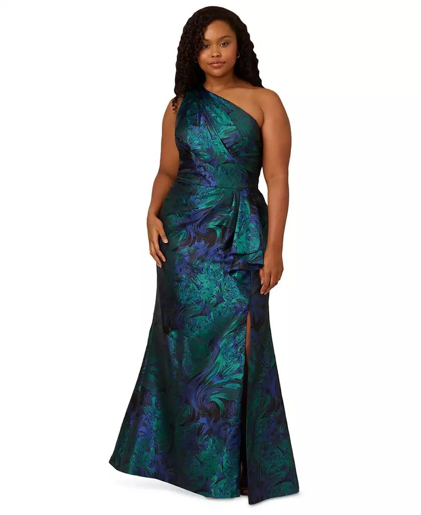 plus size adrianna papell evening dresses Plus Size Hand Beaded Short Sleeve Floral Godet Gown In Light Navy main image 1