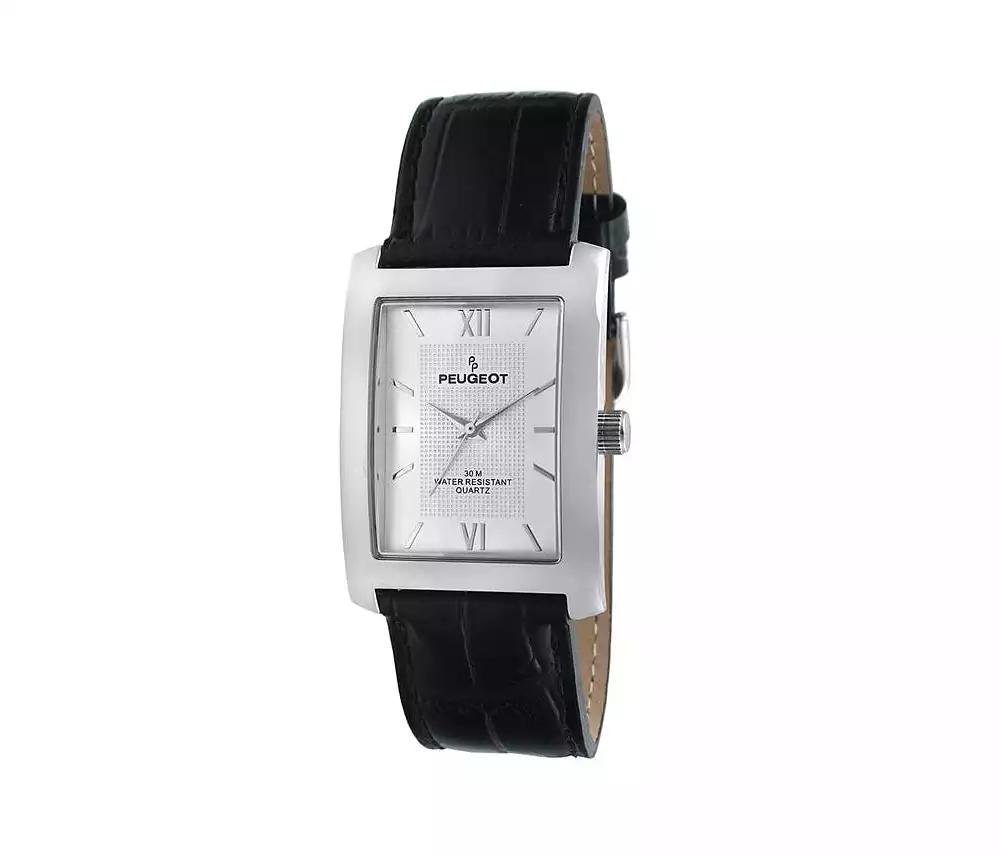 Peugeot Men's 30X40mm Silver Tank Shape Watch with Black Strap
