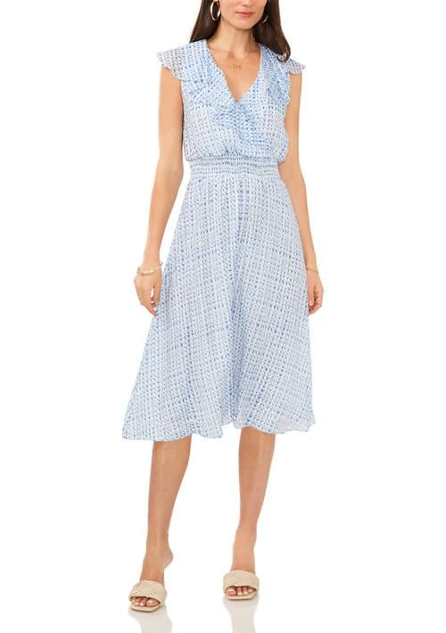 Vince Camuto Camuto Womens Ruffle Surplice Grid Printed Dress 1