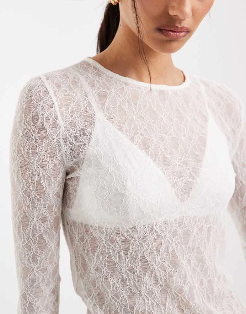 AWARE AWARE long sleeve round neck sheer lace top in white 3