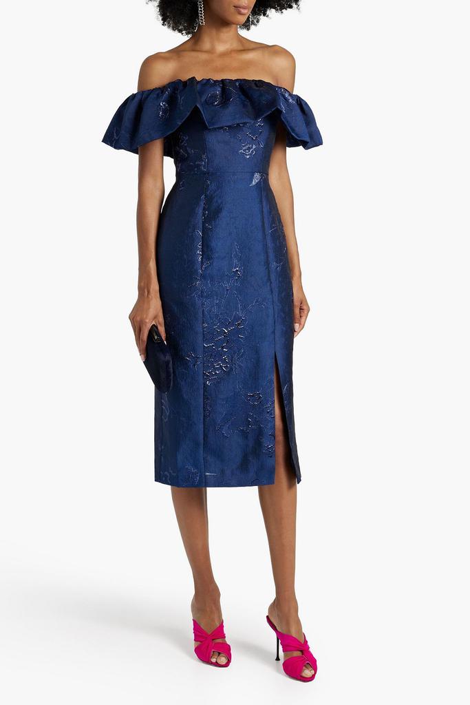 Monique Lhuillier Off-the-shoulder metallic fil coupé cloqué midi dress