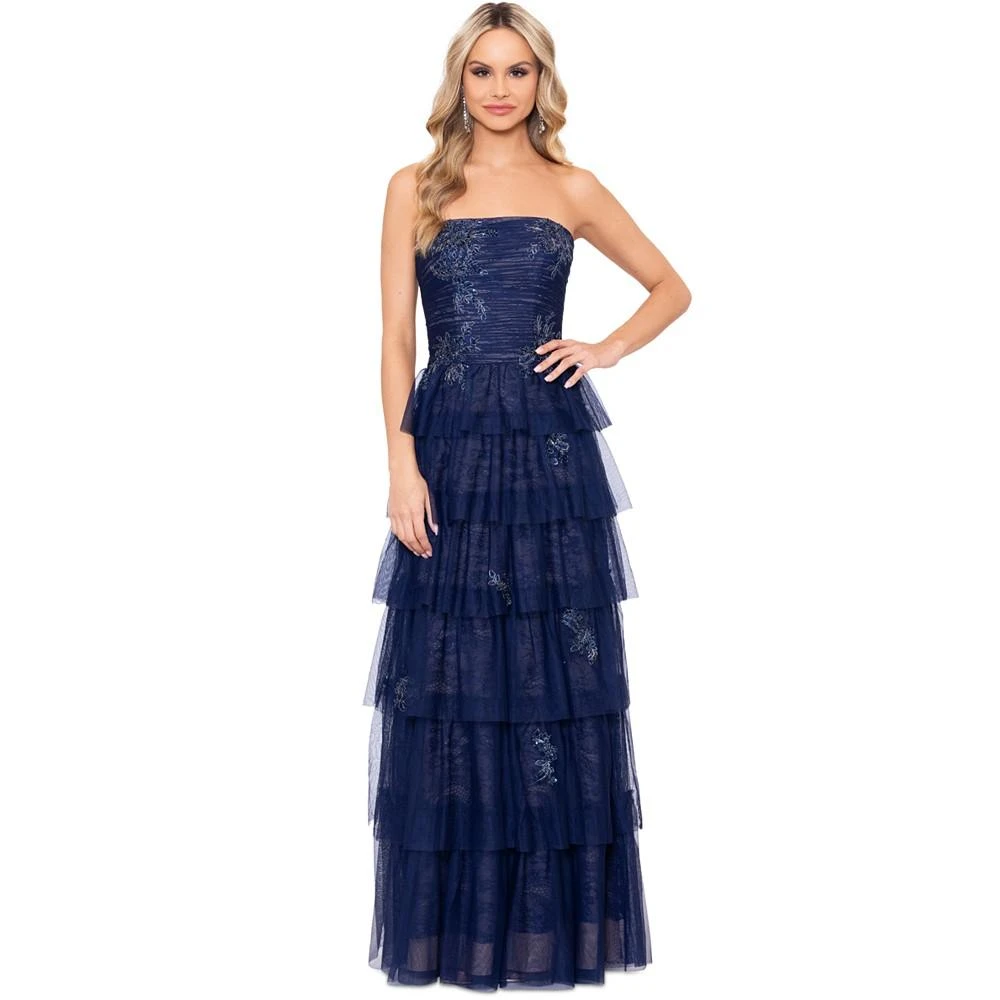 XSCAPE Women's Off-The-Shoulder Tiered Mesh Ballgown 1