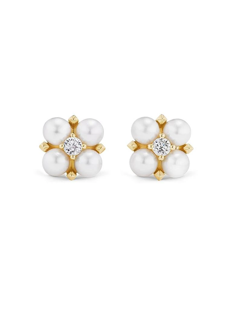 David Yurman Petite Modern Renaissance Pearl Stud Earrings in 18K Yellow Gold with Diamonds, 7.8MM